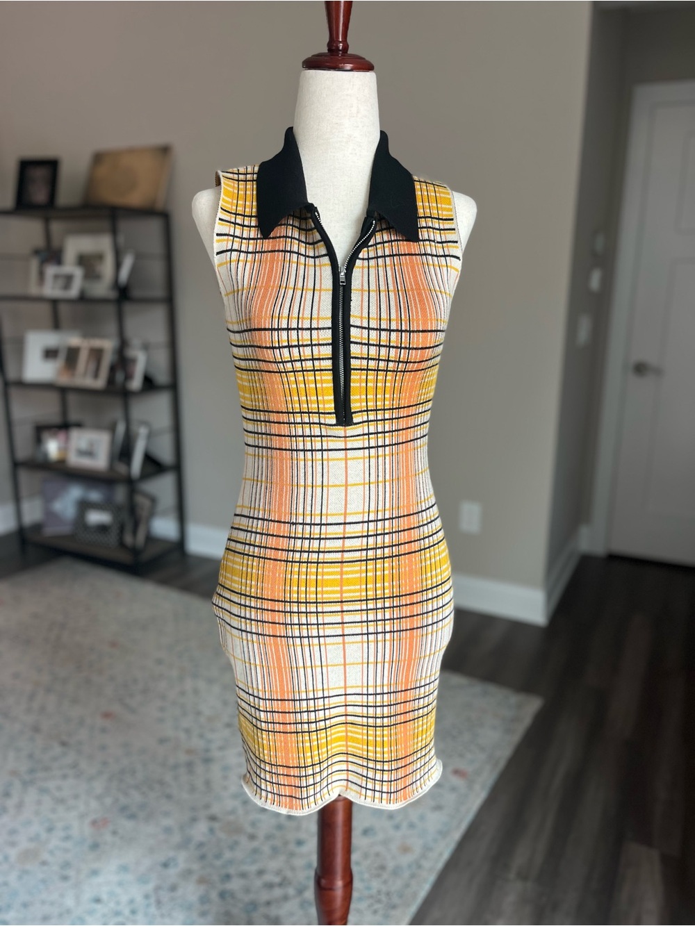 Yellow, Peach & Black Plaid Sleeveless Zip Polo Mini Bodycon Dress